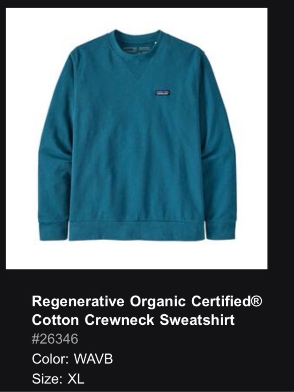 Patagonia Regenerative Organic Certified Cotton Fleece Crewneck Sweatshirt XL